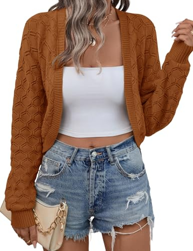 LOMON Womens Cropped Cardigan Bolero Shrugs for Dresses Open Front Long Sleeve Knit Crochet Sweater(Caramel,Small)