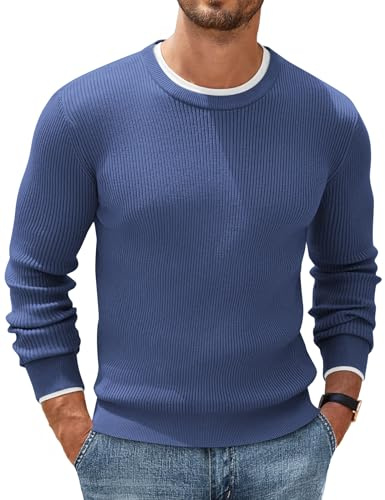 COOFANDY Maglione da Uomo Girocollo Basic a Maniche Lunghe Elegante e Confortevole Maglia a Coste Sottili vestibilità Regolare Uomo Moda Casual Blu Azzurro XXL