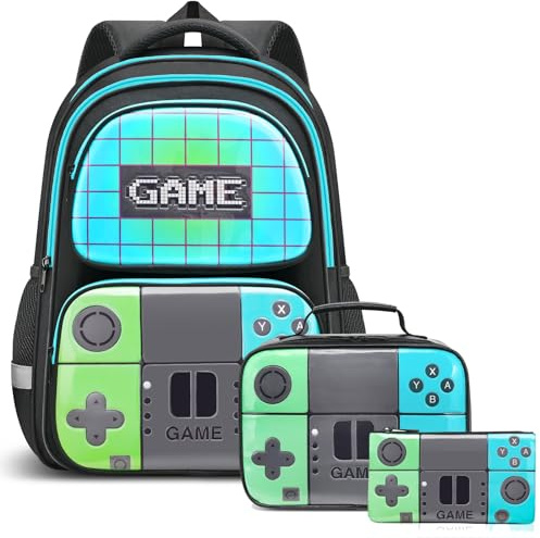 Beaulyn Zaino scolastico per ragazzi,Zaino da scuola per ragazzi per la scuola primaria secondaria,Zaino per videogiochi da 17 ″ per ragazzi e bambini, Gamebackpackset-tealgreen, Zaino Gamer