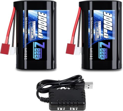 Zeee 7.4V 3000mAh Li-Ion Akku mit T stecker wiederaufladbarer RC Battery kompatibel mit 4WD Hochgeschwindigkeits-RC-Autos, RC-Autos im Maßstab 1/10, 1/12, 1/16, RC-Booten, RC-Trucks (2pcs)