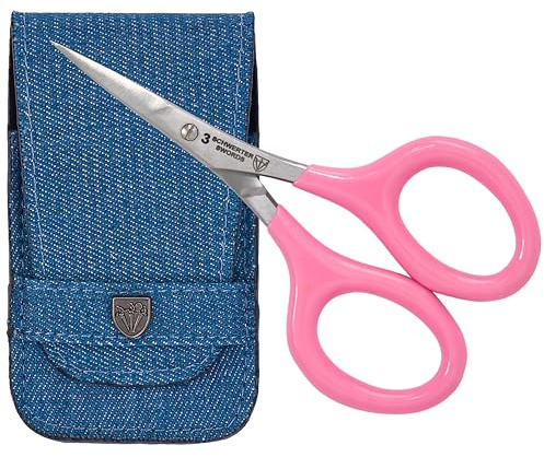 DREI SCHWERTER - Stickschere, Bastelschere, Nähschere. Fadenschere für Basteln, Handarbeit und Haushalt, extra spitz und scharf - mit gummierten Griffen für sicheren Halt, im Etui pink/jeansblau