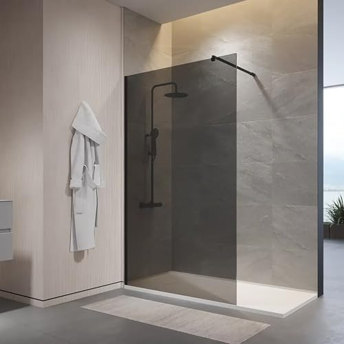 Box Doccia Walk-In 150 cm Altezza 200cm Parete Fissa Vetro Temperato Fumé da 10mm con Trattamento Anticalcare Braccio Telescopico SUS304 Profili Alluminio Nero Opaco