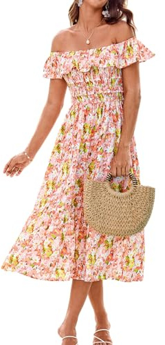 GRACE KARIN Ladies Off Shoulder Floral Dresses Square Neck Elastic Holiday Boho Dresses for Women UK CL15-02/Orange Yellow Flowers S