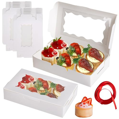 Velicber 20 stycken vita kraftpapperslådor, kartong med genomskinligt fönster, tårtlåda, med rött band för kakor, muffins, gåvor, godis, 17,8 x 11 x 3,8 cm