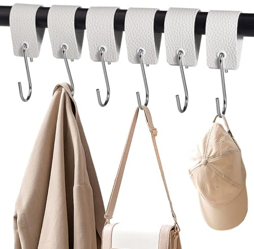 XHTXHT 6 Stück S Haken weiß mit Lederschlaufe,haken für Kleiderstange Haken Garderobe Kleiderhaken Edelstahl für Garderobe Küche Badezimmer Camping (weiß)