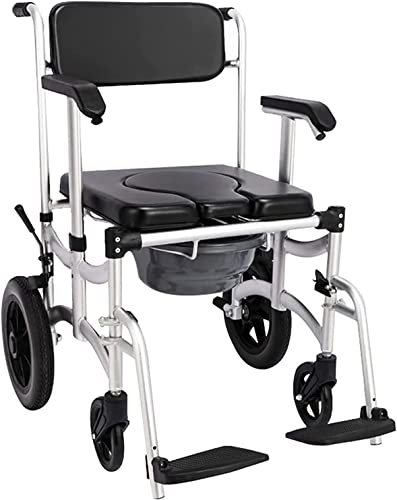 Toilettenstuhl mit Rädern, Nachttisch-Toilettenstuhl/Rollstuhl, gepolsterter Toilettensitz, Dusch-Transportstuhl mit Armlehnen, Räder, Pedal, Aluminium-Badestuh
