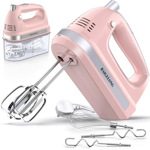 BAIGELONG Hand Electric Mixer, 300W Ultra Power Food Kitchen Mixer with 5 Self-Control Speeds + Turbo Boost, 5 Stainless Steel Attachments Handheld Blender for Baking, PINK