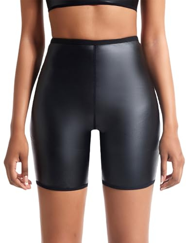 Ausing Ledershorts Damen Kurze Leder Short Hohe Taille Lederoptik PU Hose Kurz Damen Festival Rave Pole Dance Outfit Clubwear Schwarz S