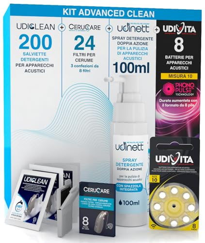 8 Hearing Aid Batteries Size 10 PR70 Yellow + 200 Wet Wipes Udiclean + Hearing Aid Cleaning Spray with Included Brush Udinett 100ml + 24 Earwax Filters CeruCare - Kit Advanced Clean