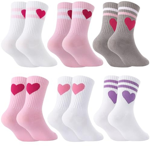 Utensilsto 6 Paar Herz Tennissocken für Mädchen Sportsocken Kinder 27-31 Tennis Socken mit Herz Crew Socks Laufsocken Sport Socken for Kinder