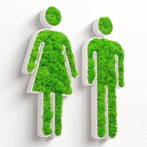 WC Türschild mit echtem Moos | Selbstklebendes Toilettenschild für Gäste-WC, Badezimmer & barrierefreie Toiletten | Natürliches Moosbild Deko-Schild (Weiß, Frau + Mann)
