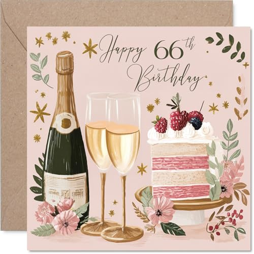 Geburtstagskarte zum 66. Geburtstag für Frauen – Kuchen und Wein – Geburtstagskarte für 66 Jahre alte Frau, Nanny, Schwester, Cousine, Oma, 145 mm