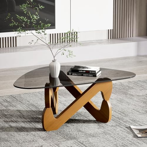 Mesa de centro de cristal triangular, mesa de centro moderna con base triangular de madera maciza y vidrio templado grueso, mesa auxiliar, mesa de café elegante para sala de estar oficina, 82 x 57 x