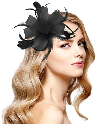 GAZIL Fascinator Donna, Fermaglio e Cerchietto con Rete, Piuma e Fiore, Accessorio Elegante per Matrimoni e Feste Cocktail (Nero)