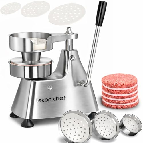 lecon chef Burgerpresse Edelstahl 3 Umwandelbare Formen 100/130/150mm | Manueller Burger Patty Presse, Mit 1200 Patty-Papieren
