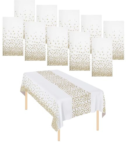 10 Packs Party Tablecloths Disposable Table Cloths Covers Wipeable Plastic Tablecloth Waterproof Table Decoration for Indoor Outdoor Birthdays Weddings Christmas (White Gold with Runner printed)