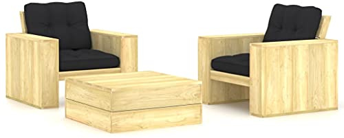 QJBSAVVA 3-teiliges Gartenmöbel-Set aus imprägniertem Kiefernholz mit schwarzen Polyester-Kissen 89 x 76 x 76 cm robust und wetterfest für Balkon Terrasse oder kleinen Garten