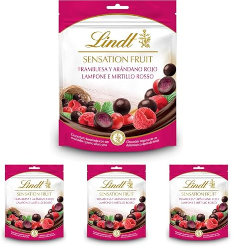 Lindt Sensation Fruit - Bolitas de Chocolate Negro con Frambuesa y Arándano Rojo, bolitas de chocolate con interior de fruta, 150gr (Paquete de 4)