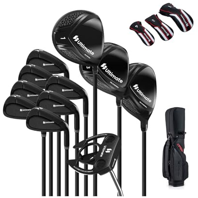 LIFEZEAL Ensemble de Golf Complet pour Droitier, Sac de Golf Portable Léger Stand Bag avec 11 Clubs, Housse de Pluie et Socle Rétractable, Équipement pour Homme