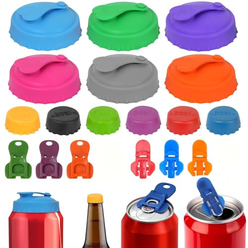 MOSTFUN 18 Piezas Tapas de Silicona Reutilizables para Latas de Refresco, Sellado Hermético Antifugas con Abrelatas de Plástico, Cubiertas para Bebidas, Refrescos y Cerveza
