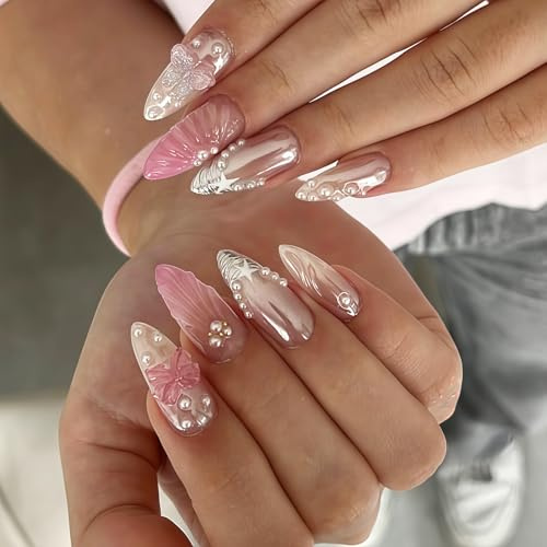 3D Lang Almond French Kunstnägel - 24Pcs Rosa Ombré & Silber Chrom Fingernägel Zum Aufkleben - Falsche Nägel mit Schmetterling, Weiße Perle, Schleife Design - Full Cover Press on Nails Für Damen