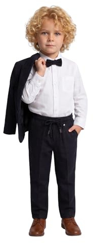 Passar för pojkar | 100 % bomull 4-delat flexibelt bekvämt Lycra-tyg set skjorta, byxor, jacka och fluga | med spandexfest och formella kläder för pojkar, Svart, 9-10 År