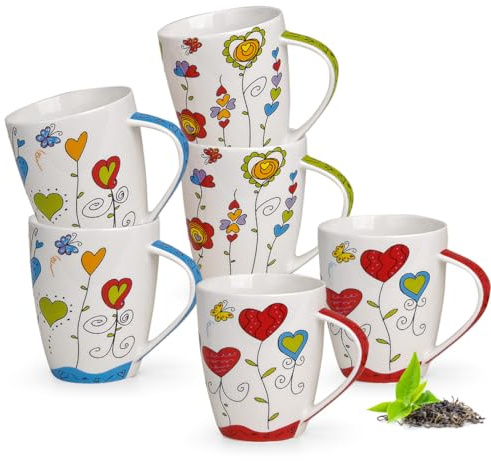 Tassen 6er Set in rot, blau, grün mit Herzen - Moderne 300ml Keramik Kaffeebecher für Cappuccino, Kaffee, Tee - Außergewöhnliche Teetassen spülmaschinenfest und mikrowellengeeignet als Geschenk
