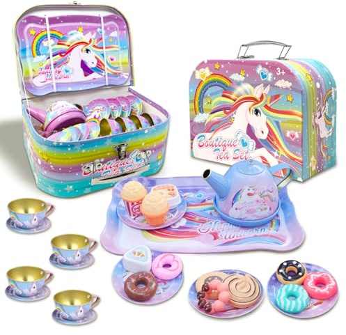 Kidoloop Kids 26 PCs Tin Tea Set Kitchen Set Pretend Play Cookies Dessert Snacks & Teapot for Children Party Role Play Unicorn Toys Indoor Game Boys & Girls Cups Saucer Tray with Box Gift