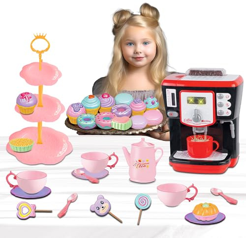 Koolbitz 30 PCs Kids Tea Set & Realistic Coffee Machine with Lights & Sounds, Pretend Play Coffee & Tea Party Set with Play Food Cake Stand, Cupcakes & Donuts, Role Play Gift for Children 3+