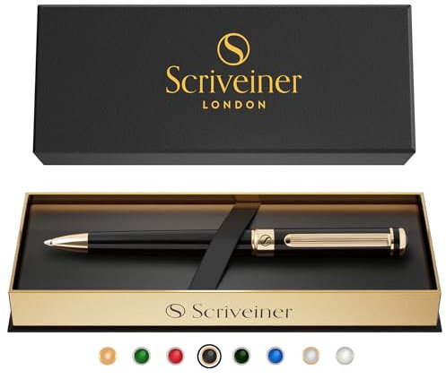 Scriveiner Kugelschreiber, schwarz, lackiert, 24 Karat Gold-Finish, nachfüllbar und einziehbar, schönes Geschenk für Damen und Herren, mit Box, professionelles Bürozubehör