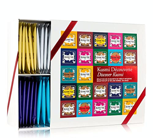 Kusmi Tea - Coffret Découverte - Assortiment de Thés Noirs, Blancs et Verts Infusions - 45 Sachets Mousseline de Thés et Infusions Aromatisés