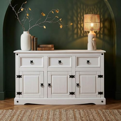 CARO-Möbel Sideboard Rural im Mexiko Stil weiß lasiert Kommode Kiefer massiv mit 3 Schubladen und 3 Türen