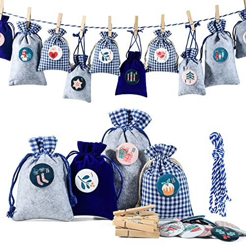 Adventskalender Stoffsäckchen zum Befüllen, Weihnachtskalender Filzsäckchen zum Selberfüllen, 24 Groß Geschenksäckchen Kette zum selber befüllbar und Aufhängen, Blau Grau Stoffbeutel für Kinder Männer