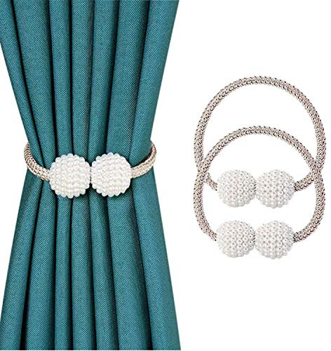 SUOXU Vorhang-Raffhalter, 2 Stück magnetische Vorhang-Raffhalter, Perlenkugel Vorhang-Clips, Seil-Halterung Schnallen für Zuhause, Büro, dekorativ (Beige