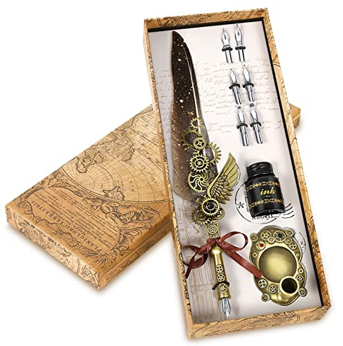 Aifeiter Feather Pen Set,Calligraphy Fountain Dip Feather Pen and Ink Set for Writing,Christmas Gift for Handwriting Lovers Birthday Gift,Luxury Vintage Signature Pen-Grey