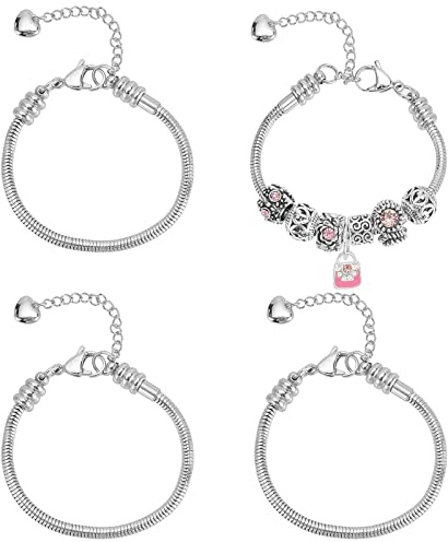 PandaHall Schlangenkettenarmbänder, 4pcs Edelstahl-Armband Schlangenkette Mit Karabinerverschluss Verlängerungskette Passend Murano Lampwork Europäischen Glasperlen Slider Charms Große Lochperlen