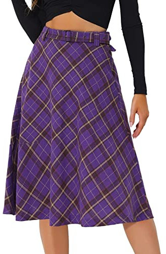 Allegra K Damen Kariert Rock Schottenrock Knielang A Linie High Waist Colorblock Midirock Lila L
