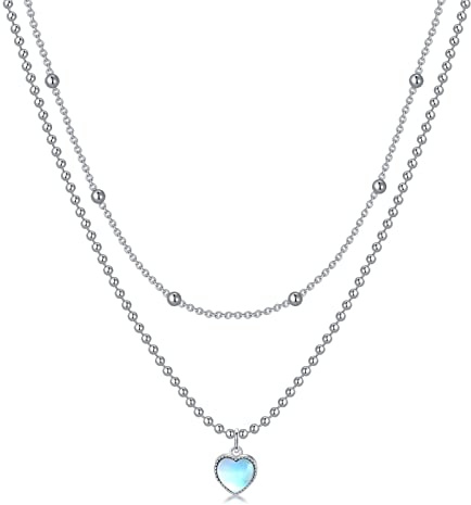 Shusukue Mondstein Kette 925 Sterling Silber Layered Kette Kugelkette mit Herz Mondstein Doppelkette Anhänger Halskette Schmuck Geschenk für Damen