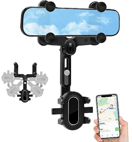 Supporto per Telefono Specchietto Retrovisore Auto, Porta Cellulare 360° Girevole Retrattile, Multifunzionale Supporto Universale per Tutti gli Smartphone