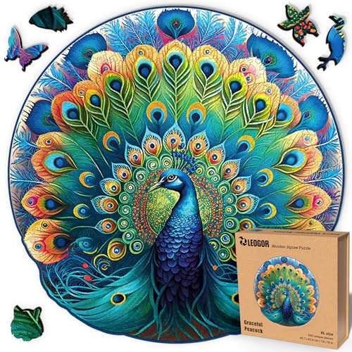 LEOGOR Holzpuzzle für Erwachsene, Eleganter Pfau im Mandala-Stil, 500 einzigartige Teile, 45,7 x 45,6 cm, 5 mm Naturholz, kreatives Geschenk und Familienbeschäftigung