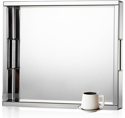 SHYFOY Bandeja Decorativa de Espejo Plateado, Bandeja de Vidrio Rectangular, Bandeja Decorativa Baño Elegante con Asas, Bandeja de Perfume, Organizador de Maquillaje para Vanidad, Vestidor