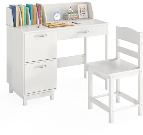 COSTWAY Kids Desk and Chair Set, Wooden Student Study Table with Drawer, Storage Cabinets & Tabletop Bookshelf, Children Writing Table Chair Set for 3-8 Years Old Boys & Girls (White)