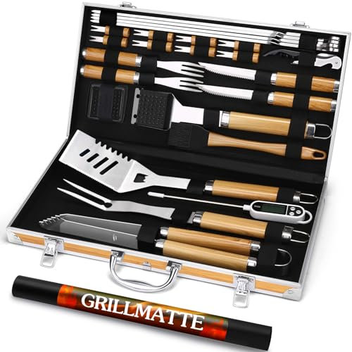 Grilliance Set di 26 accessori per barbecue in acciaio inox, di alta qualità, set di attrezzi per barbecue, set perfetto per uomini, regalo con valigetta portatile e termometro per carne, colore
