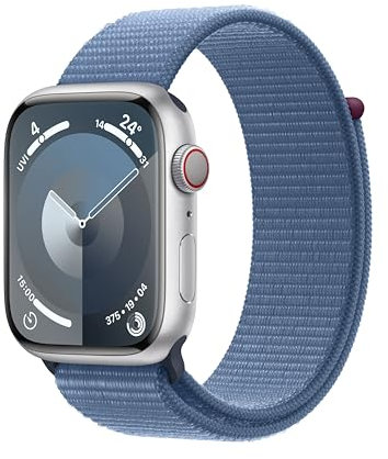 Apple Watch Series 9 (GPS + Cellular, 45 mm) Smartwatch mit Aluminiumgehäuse in Silber und Sport Loop Armband in Winterblau. Fitnesstracker, Blutsauerstoff und EKG Apps, CO₂ neutral