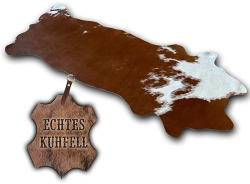 unendlich schoen - Tappeto in vera pelle di mucca, piccolo, realizzato a mano in Germania, inodore, in pelliccia di bovino, ideale per soggiorno, corridoio (marrone/bianco, 120 x 55 cm)