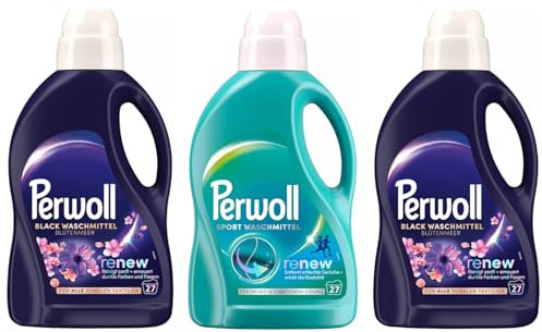 PERWOLL Flüssig-Set 3x 27 Waschladungen (81WL) 2x Black Blütenmeer & 1x Sport, Feinwaschmittel erneuert dunkle Farben und Fasern & Hygiene Waschmittel, entfernt schlechte Gerüche