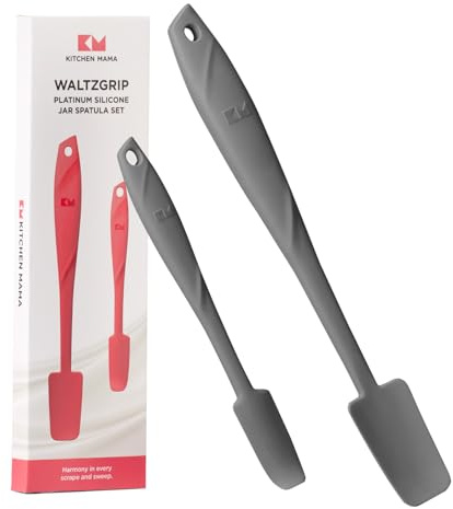 Kitchen Mama Glas- und Dosenspatel-Set aus Silikon: Hitzebeständig, spülmaschinenfest, mit ergonomischem Griff, perfekt zum Mischen, Schaben, Schöpfen und Verteilen, Platin WaltzGrip (Metallgrau) | Hitzebeständig, Antihaftschaber, spülmaschinenfest, für Smoothies, Marmelade, Sahne, Butter