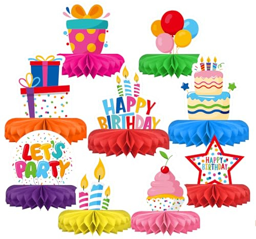 Happy Birthday Decorations Set - Colorful Themed Honeycomb Centerpiece, Table Decoration for Kids' Birthday Party Supplies