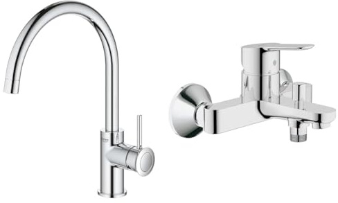 GROHE Start Classic - Einhand- Spültischarmatur & BauEdge - Badewannenarmatur (integriertes Rücklaufventil, automatische Umstellung für Badewanne und Dusche, kratzfest), chrom, 23334000