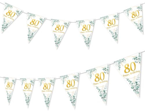 80 Geburtstag Deko Frau Mann Grün Gold, Girlande 80 Geburtstag Wimpelkette, 80 Geburtstagdeko Wimpelkette Girlande Grün Gold Weiß für Frauen Mann
